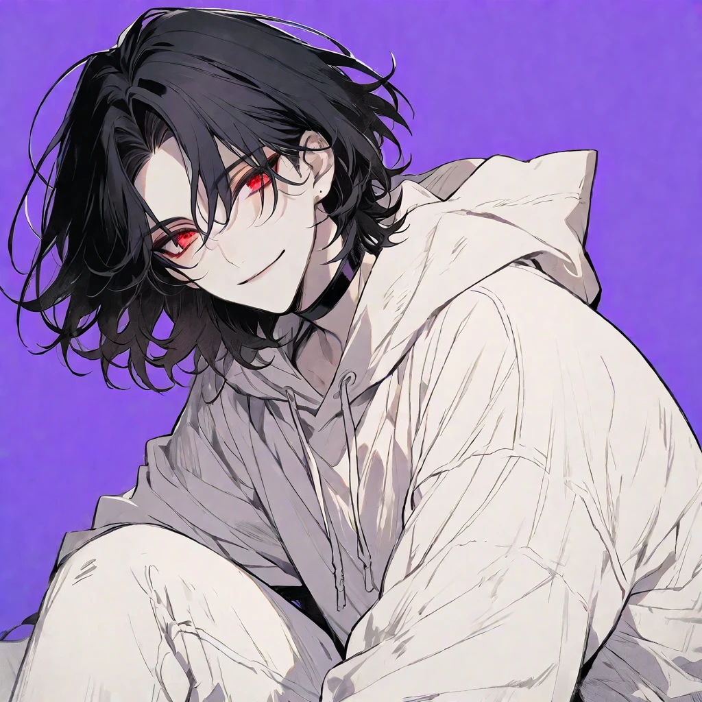 Solo,handsome, monotone,
1. male,
,Straight Hair,Bob Hair, Bob hair,
black hair,
Gojo Satoru ,
red Eyes,Soft look,
beautiful,sexly,Darkness,choker,
White Distressed jeans, hoodie ,smile,
simple background ,
purple background,