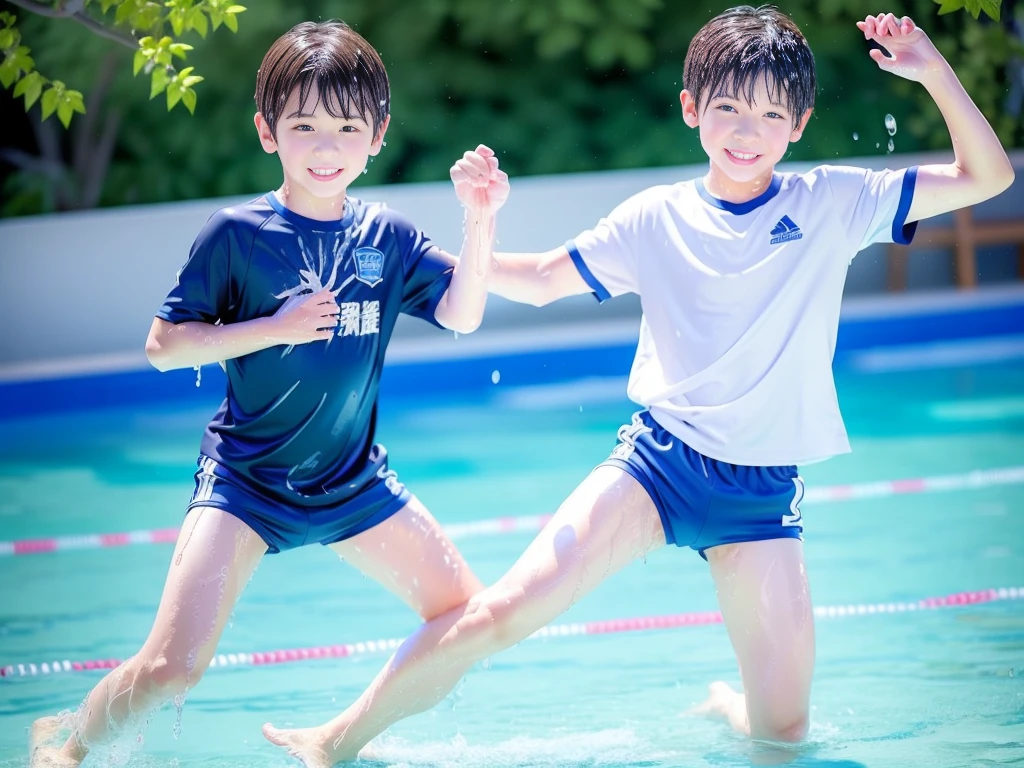 Summer vacation elementary school、Summer swimming pool、Get wet all over、Japan Boy、Glowing water splashes、A good boy dripping with water、Playing innocently、hot day、Two Boys、Various poses、Short sleeve gym uniform、Blue shorts、physical education、barefoot，Boys only 、１０age