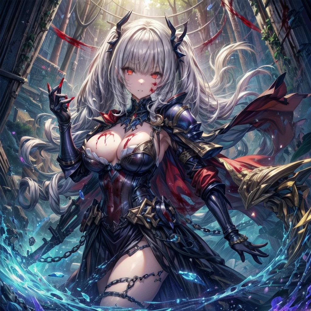 ,Fighting face to face with monsters , Holding the weapon correctly,Tiara-like head armor , cute女の子, Enchanting girl, Anime Girls, (Light purple hair、Wavy Hair、Twin Drill), (Red eyes, Droopy eyes), ((Dark Skin)), break (((Silver Armor、Lower body armor、Chain mail、Jeweled Breastplate、Gauntlet、Shingard、Red Cape)))、 (((Highest quality)), ((masterpiece)), (Very detailed), (High resolution), (Beautiful sparkle), (High detail), (Anatomically correct)), ((Realistic)), ((The best CG)), Very detailedなアート, CG illustration, 16K, 1080P, Oil paints:1.2, (((One Girl))), (左右対称のface立ち, 完璧なface), Beautiful clavicle, (Beautiful fingers), (Beautiful breasts, (Ｃcup)), Beautiful body, Beautiful thighs, Beautiful feet, Perfect round ass, (((Detailed skin, Oily skin, Textured skin, Beautiful Skin))), (((童face, cute, 16 years old))), double eyelid, Long eyelashes, (Expression of fine eyes, Beautiful and delicate eyes, Sparkling eyes, Eye Reflexes), (Beautiful Nose,Thin Nose), (Glossy Lips, Beautiful Lips, Thick lips), (Beautiful Hair, Shiny Hair, Shiny Hair), Hair fluttering), (Serious expression), break (noon、(Fantasy World、in the forest)), ((walking、Cowboy Shot))masterpiece:1.2, Highest quality), (Actual Photos, Intricate details), (1 female, alone, Upper Body, all breasts) ，Crazy Smile, Crazy Eyes, A cute and luxurious hair band, Eyes Wide Open、Scary atmosphere、Distorted facial expressions、ねじれた笑face、Bloodまみれ、頭からBloodが出る、Bloodしぶき、whole body、Punk Fashion、Long Hair、長めのbangs、Twin tails、Black Hair、（（（Dark circles under the eyes）））、Pale skin、Feeling unwell、Pathological、邪悪な笑face、Crazy Eyes、（Grin）Dramatic makeup，Create mixed media art、White Background,スクリーン上のwhole body描写,whole body図,Well-built,Nice body,Broad shoulders,I focus,(face),Messy Hair,Yellow Eyes,(Glowing Eyes),(Bloodしぶき:1.7),Red light,笑face,big 笑face,teeth,psycho 笑face,gesugao,School corridor background,evening,sunset,Good Eyes, 良いteeth,Large Breasts,魅惑的な笑face,Large Breasts,Black Hair,Pink Eyes,Pink leotard,pantyhose,Glossy Lips,Sitting,サディスティックな笑face,,all,Shiny skin,詳細なface,Beautiful body,whole body,Adult,whole body油まみれで光沢感がある　whole bodyから湯気が出ている　Steam like a sauna room fills the screen..　White breath from the mouth　city　A person who fights fear々々　Fugitive々　Pedestrian precinct　, Long Hair, alone, blue eyes, Maid headdress, View your audience, Maid, Blood, blush, Bring your finger to your mouth, 笑face, bangs, Hair between the eyes, apron, dress, gotou hitori, Long sleeve, Frills, Blood on clothes, Upper Body, Manicure, be quiet, Juliet Sleeve, black dress, flower, indoor, Maid apron, Blood splatter, Puffy sleeves, Blood on face, Purple Nails, Point your finger up, Rose