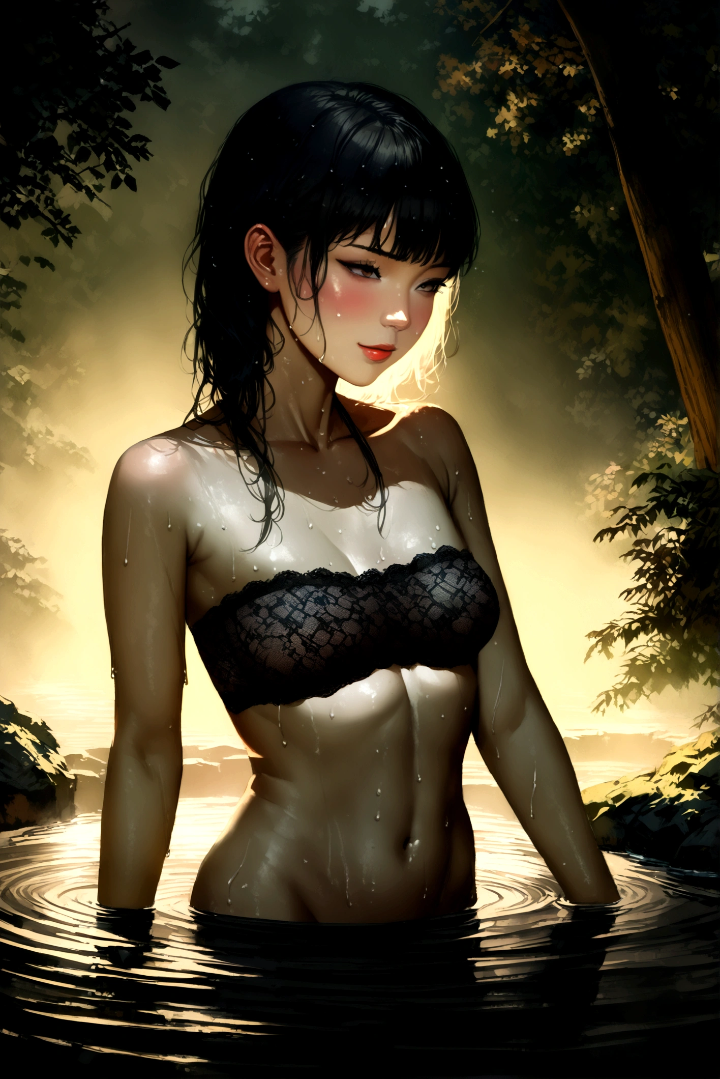 Best quality, masterpiece, super high resolution, a super model soaking in a hot spring in Japan, outdoor hot spring, stone hot spring, surrounded by moss and trees, super beautiful face, pure body, clear pores visible, (smile:0.8), wearing split (lace bandeau:1.2), (realism:1.5), original photo, soaked body, covered in sweat, bare shoulders, in the dark, deep shadows, low-key, cold light