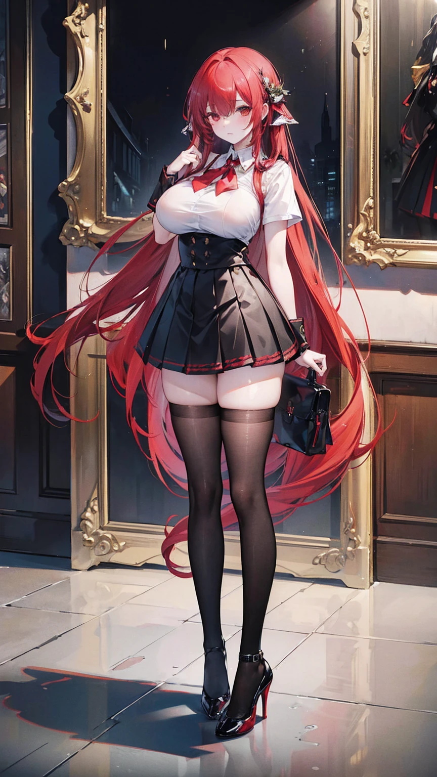(masterpiece, top quality, best quality, official art, beautiful and aesthetic:1.0), (8k, best quality, masterpiece:1.2), very long hair,(full body:1.3), (large breasts:1.4), very long hair, high heels, black thighhighs, micro skirt, red hair, tall girl, school girl uniform ,