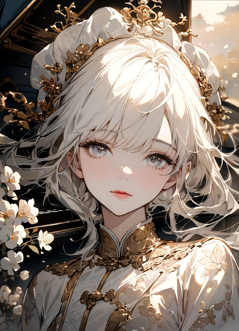 (Romantic Light,Super detailed:1.2)White grand piano,Soft Focus,bright scene,masterpiece:1.2,White tones,sentiment, sentiment,Chinese painting style,Luxurious materials,High resolution,portrait,Composition,piano melody