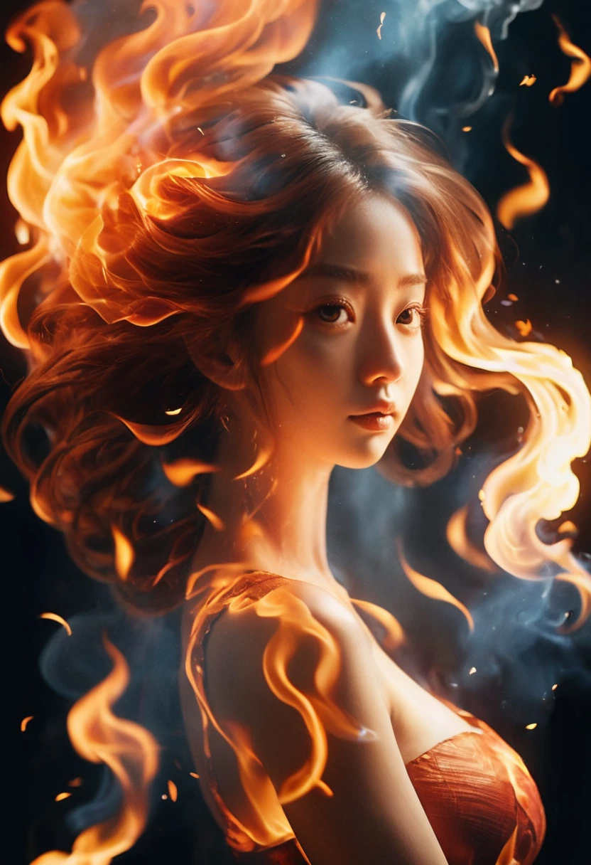 (Fire Element:1.1),Fire Elementで構成されています,(1. Huge Breasts:1.2),combustion,Transparency,intense,(lava),Flame Skin,Framed Prints,intense hair,Smoke a cigarette,cloud,Minced,,girl engulfed in flames, Flames soar and sparks fly,Burning hand,translucent luminescence,