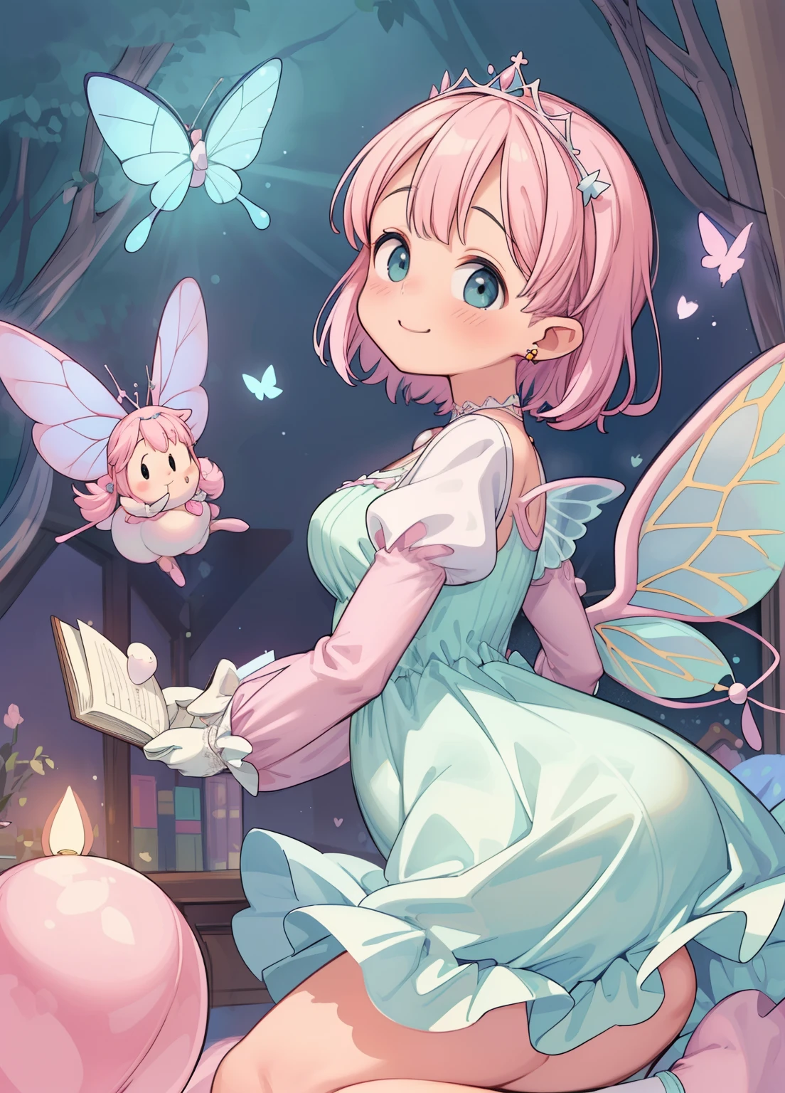 (masterpiece、Highest quality、Highest quality、Official Art、Beautiful and beautiful:1.2)、(One girl:1.3)Hatsune Miku、Twin tails,Beautiful breasts,(Fantasy World Room), (A fairy princess is reading a book at a desk by candlelight.,All except the fairies are huge,Super huge book:1.2),(Has fairy wings like a butterfly.), (Candlelight),((superwide shot, Ultra-wide field of view, whole body)), ((looks happy,smile,)), (Medium Hair:1.5), (tiara, Earrings, Beautiful choker), ((White gloves,pastel colourの肩がふわふわのボー ルガウンドレス:1.1, Balloon sleeves,Jewels, white lace and frills, Fairy wings from the back)), (Light pink blush, Plump pink lips,Large Breasts,Fair skin, Good style), (pastel colour,Candlelight, Bright colors)