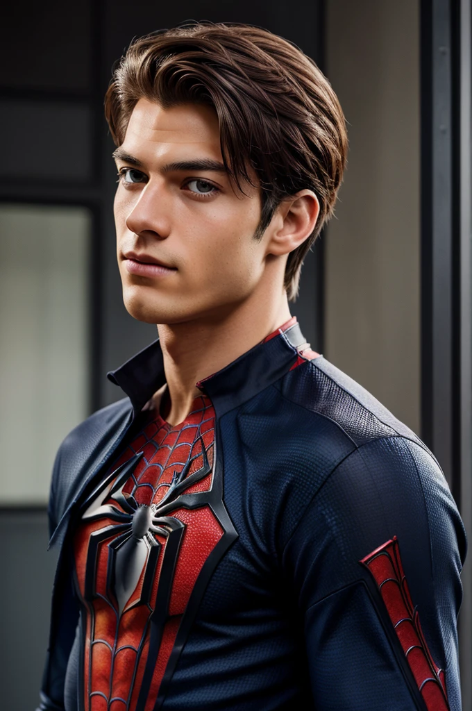 A photograph of spider man, no mask, 20 yo, handsome, detailed face, looking at camera, portrait, 8k uhd, high quality