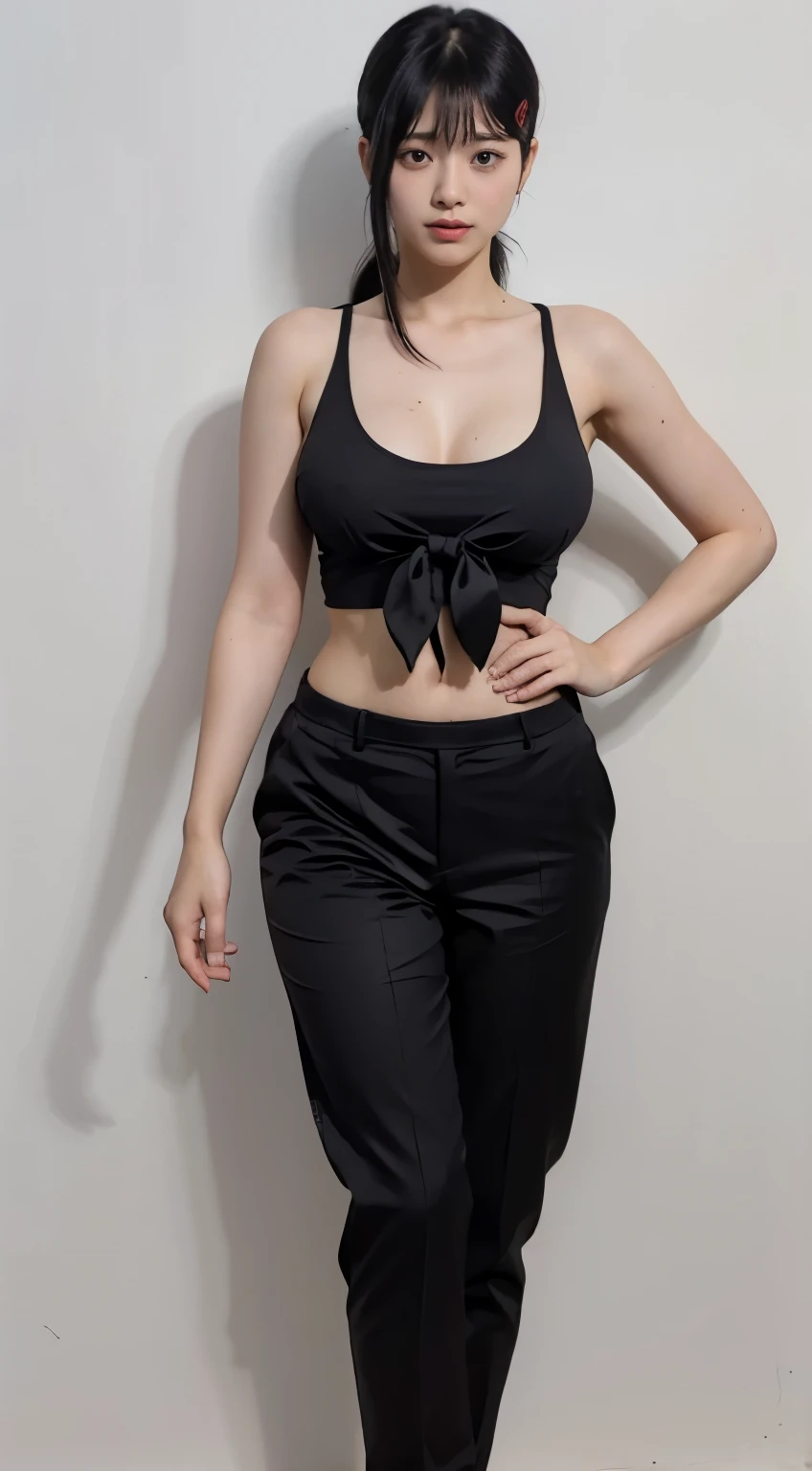 Highest quality、Ultra-high resolution、Professional Lighting、Detailed Background、workroom、full body,Kobeni-chan、A sloppy smile、25-year-old woman、beautiful girl、(Kobeni-chan、Jet black hair, Black Hair, bangs, One-sided hair,)、(Red Hair Clip:1.1)、(Black tank top:1.2)+(Black tie:1.2)+(black long pants for work:1.2)、(Huge breasts that look like they might burst:1.2)、(Big thighs:1.1)、Are standing、Model pose