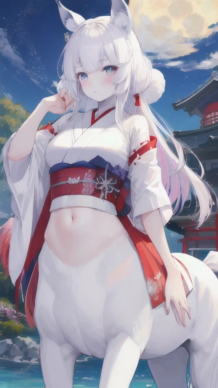 (best quality, masterpiece), 1 girl, centaur, It takes, White skin, Japanese  , exposing the abdomen,belly button t-shirt, 아름다운 소녀 perfect wolf photo, perfect wolf photo