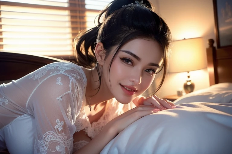 a gorgeous busty woman, ponytail, beautiful detailed eyes, beautiful detailed lips, extremely detailed face, long eyelashes, nightie, sleeping gown, beautiful detailed smile, beautiful detailed teeth, POV, lover, cinematic dramatic lighting, (best quality,4k,8k,highres,masterpiece:1.2),ultra-detailed,(realistic,photorealistic,photo-realistic:1.37),HDR,UHD,studio lighting,ultra-fine painting,sharp focus,physically-based rendering,extreme detail description,professional,vivid colors,bokeh,portrait,photorealistic,cinematic