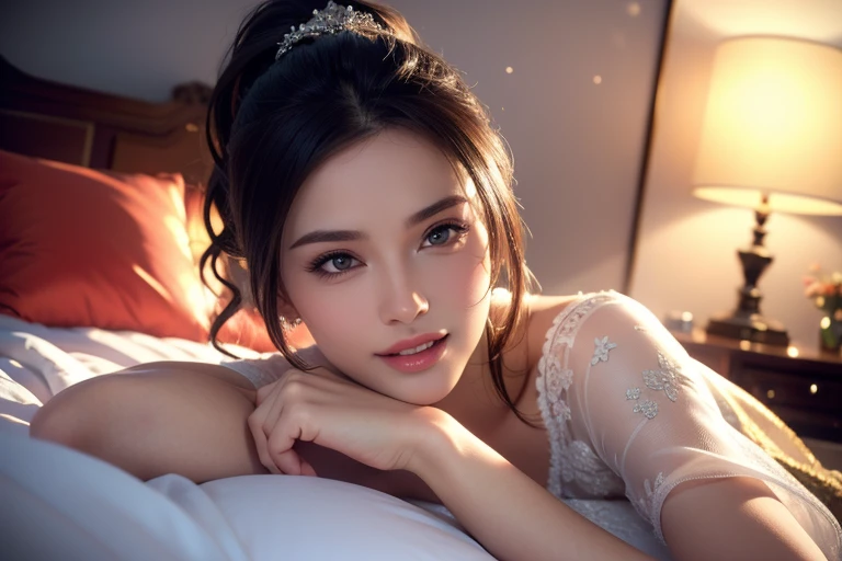 a gorgeous busty woman, ponytail, beautiful detailed eyes, beautiful detailed lips, extremely detailed face, long eyelashes, nightie, sleeping gown, beautiful detailed smile, beautiful detailed teeth, POV, lover, cinematic dramatic lighting, (best quality,4k,8k,highres,masterpiece:1.2),ultra-detailed,(realistic,photorealistic,photo-realistic:1.37),HDR,UHD,studio lighting,ultra-fine painting,sharp focus,physically-based rendering,extreme detail description,professional,vivid colors,bokeh,portrait,photorealistic,cinematic