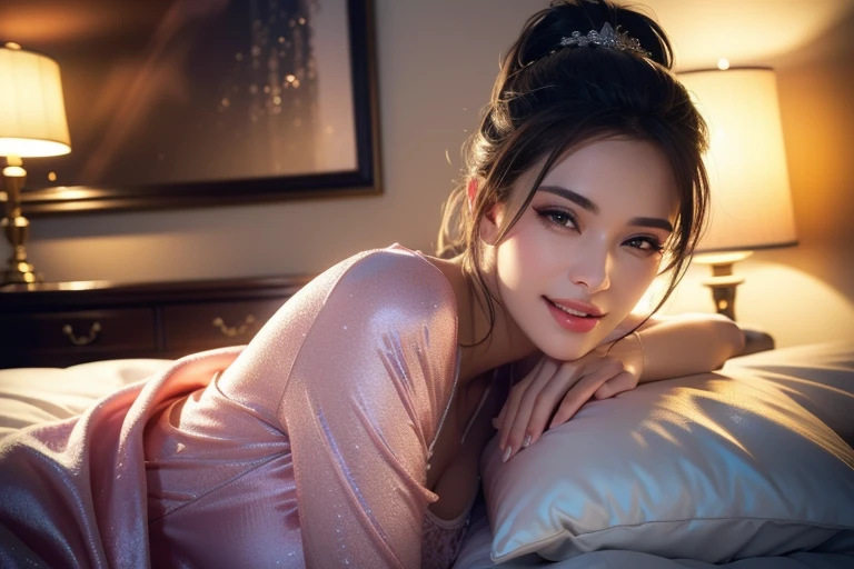 a gorgeous busty woman, ponytail, beautiful detailed eyes, beautiful detailed lips, extremely detailed face, long eyelashes, nightie, sleeping gown, beautiful detailed smile, beautiful detailed teeth, POV, lover, cinematic dramatic lighting, (best quality,4k,8k,highres,masterpiece:1.2),ultra-detailed,(realistic,photorealistic,photo-realistic:1.37),HDR,UHD,studio lighting,ultra-fine painting,sharp focus,physically-based rendering,extreme detail description,professional,vivid colors,bokeh,portrait,photorealistic,cinematic