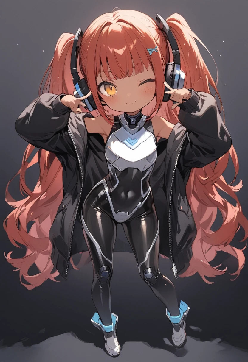 full body,1 girl,(cute:1.3),red Hair, left eye blue, right eye yellow, tan skin, freckles,{White breastplate, Black futuristic headphones, Mechanical black glossy metallic Bodysuit, Bare shoulders, oversized jacket, Glossy, shiny material, hand on hip pose