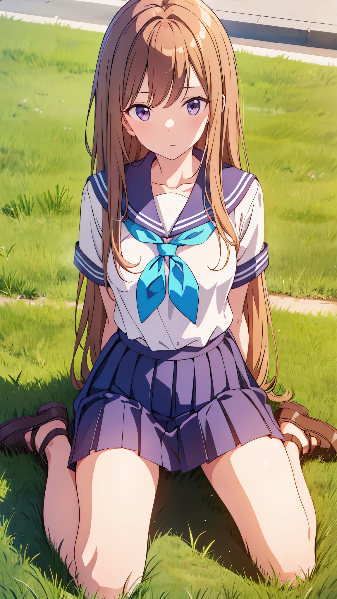 An anime girl kneeling on the ground with her legs crossed in a park square、moving her center of gravity back, Put your hands forward from both feet, Put both feet in the circle of hands, Quite embarrassing, , Thin legs, Tight Skirt, 90 degree knee, Place your heels on the ground, Hands in front of feet, Hold my feet, Kneel, Sidewalk, RAW Photos, 8K, Highest quality, Ultra-high resolution, Beautiful face details, Real human skin, Gentle expression, Front view, Angle from below, Long Hair, Realistic, Realistic, cute, Short skirt, Lurking in the grass, cute女子高生, School uniform, whole body,Five perfect fingers,Perfect Legs,