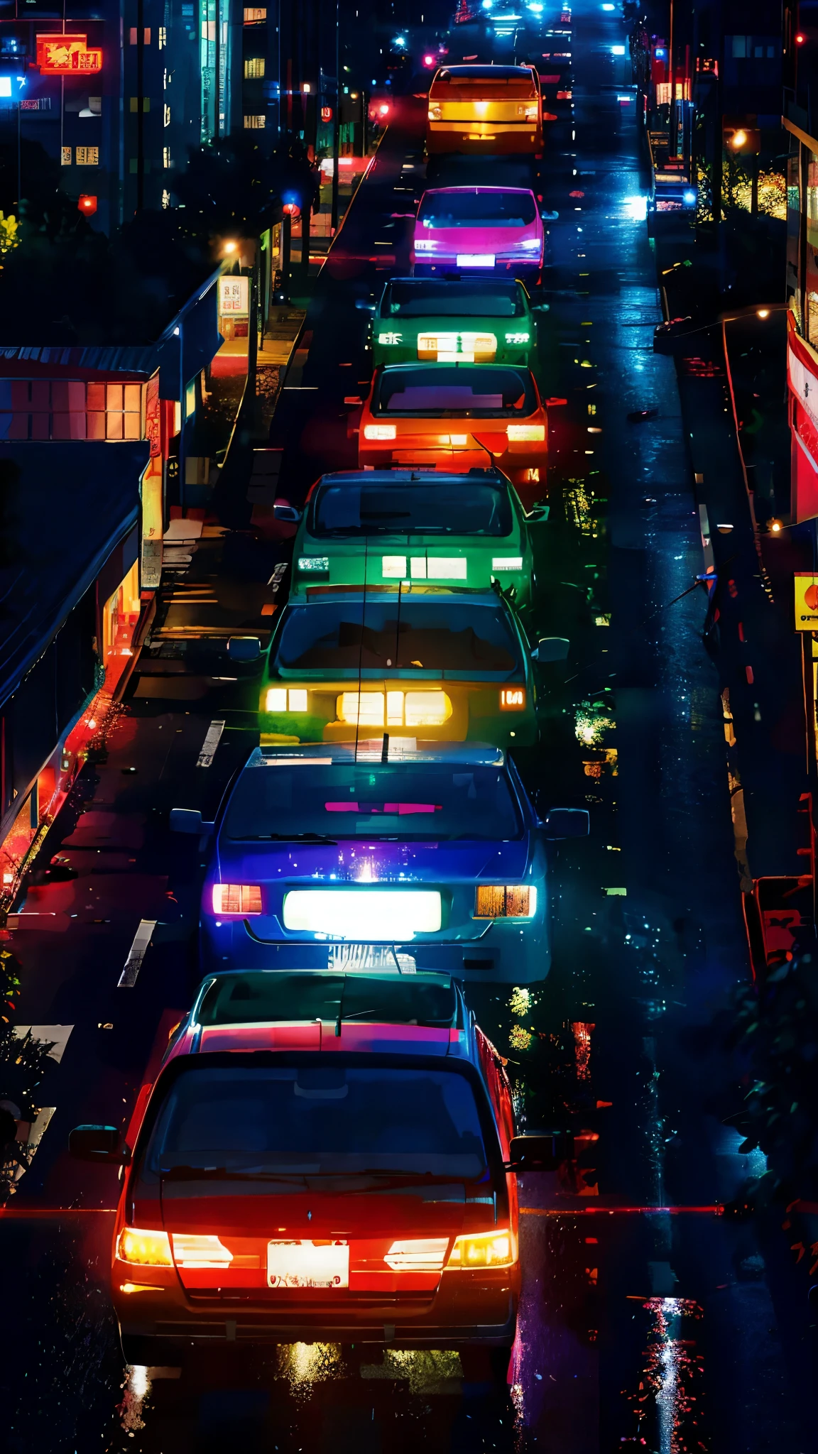 Anime Style，Night view，city，rainbow，traffic jam，building，traffic jam light，lots of，