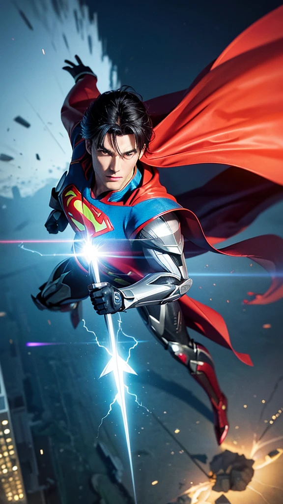 Masterpiece, best quality, NVIDIA RTX, sharp picture, cinematic lightning, ((hi-tech futuristic Superman)), ((Superman symbol)), ((flying away from explosion)), full of anger,  perfect face, proportional body, luminous mecha-armor:1.3, glowing mecha armor:1.3, (cape blown by strong winds:1.3), full body, epic lights reflection, night, smokes, from above