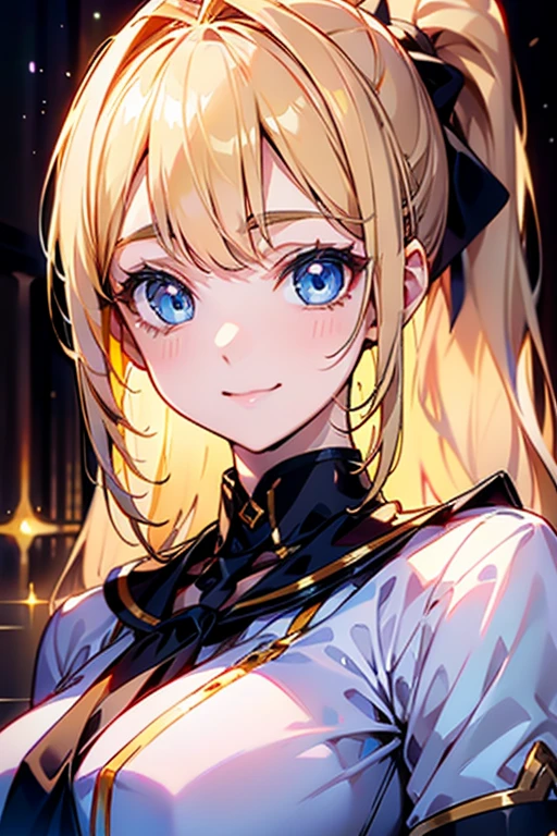 Portrait、、Bright expression、ponytail、Young, shiny, white, glossy skin、Gloss Face、Shining Cheek Gloss、Small Face Beauty、The best beauty、The dazzling light of blonde hair、Bright blonde hair with dazzling highlights、Very beautiful shiny light blonde hair、super long silky straight hair、Her shiny, beautiful bangs are covering her eyes.、Sparkling, clear, attractive, bright, large, pale blue eyes、Very big eyes、eyeliner、very beautiful lovely cute 16 year old girl、(huge Bust:1.3), smile , wearing police uniform
