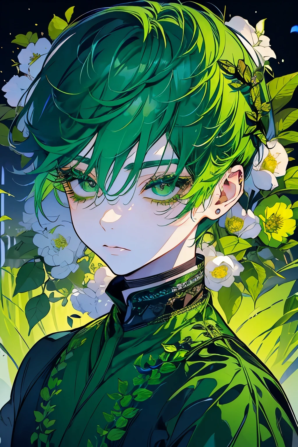 (Mastepiece), (Best Quality), Very detailed, 1 boy, Solo Shooting, Perfect Face, Beautiful Face, Very detailedな顔,(Green Hair:1.3),(short hair:1.4)、(Big eyes:1.4),(Long eyelashes:1.4)、(Green Eyes:1.3)、Black clothes、Lots of flowers、petal
