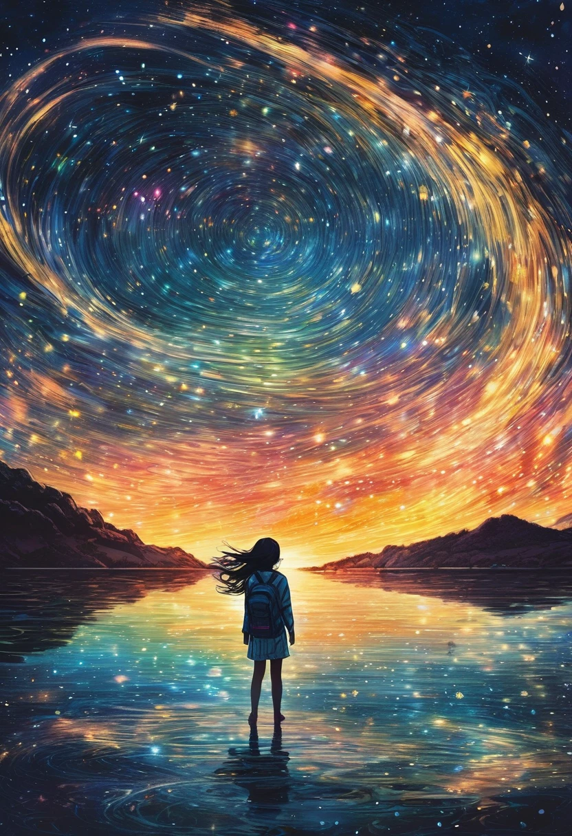 Flying Girl、Starry Skyを飛ぶ少女、color々なcolorの星の光、diego gisbert lawrence、Joe San Gonzalez Dan Mumford、Picture book illustrations、Psychedelic Art、One Girl、Starry Sky、nebula、Swirl、water、vague、superwide shot、Highest quality、Ultra-detailed、Intensive、Golden ratio composition、Kanna Hashimoto