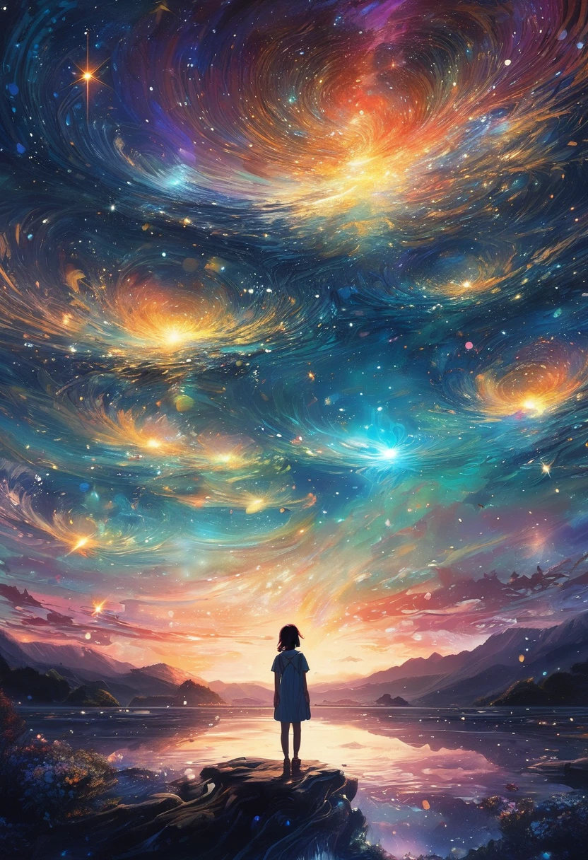 Flying Girl、Starry Skyを飛ぶ少女、color々なcolorの星の光、diego gisbert lawrence、Joe San Gonzalez Dan Mumford、Picture book illustrations、Psychedelic Art、One Girl、Starry Sky、nebula、Swirl、water、vague、superwide shot、Highest quality、Ultra-detailed、Intensive、Golden ratio composition、Kanna Hashimoto