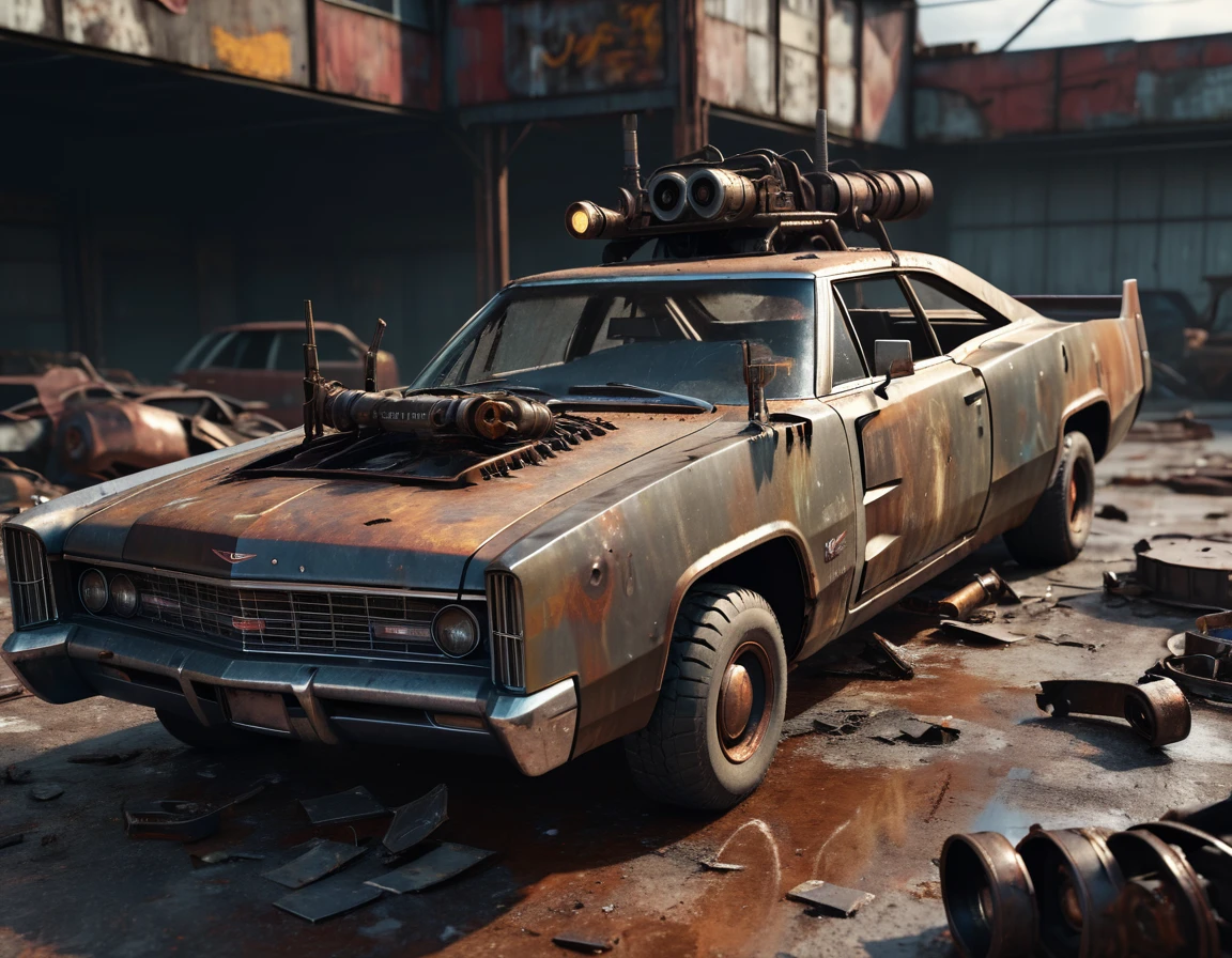 A Cadillac charger made of scrap metal, buzz saw launcher on the roof, post-apocalyptic, rusty, detailed grungy texture, weathered, worn, battle-damaged, dramatic lighting, cinematic, dystopian, muted colors, gritty, realistic, 8k, high quality, detailed description