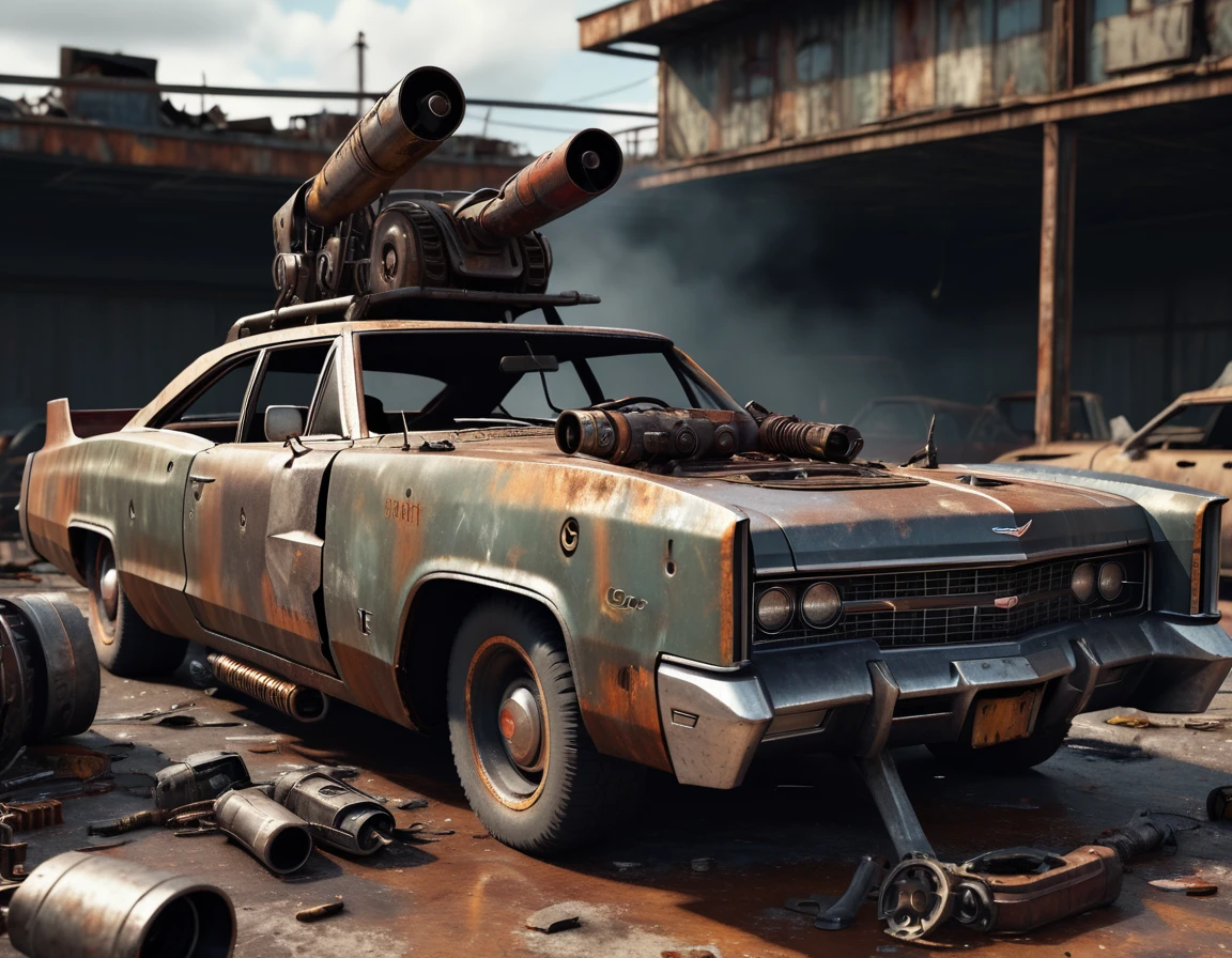 A Cadillac charger made of scrap metal, buzz saw launcher on the roof, post-apocalyptic, rusty, detailed grungy texture, weathered, worn, battle-damaged, dramatic lighting, cinematic, dystopian, muted colors, gritty, realistic, 8k, high quality, detailed description