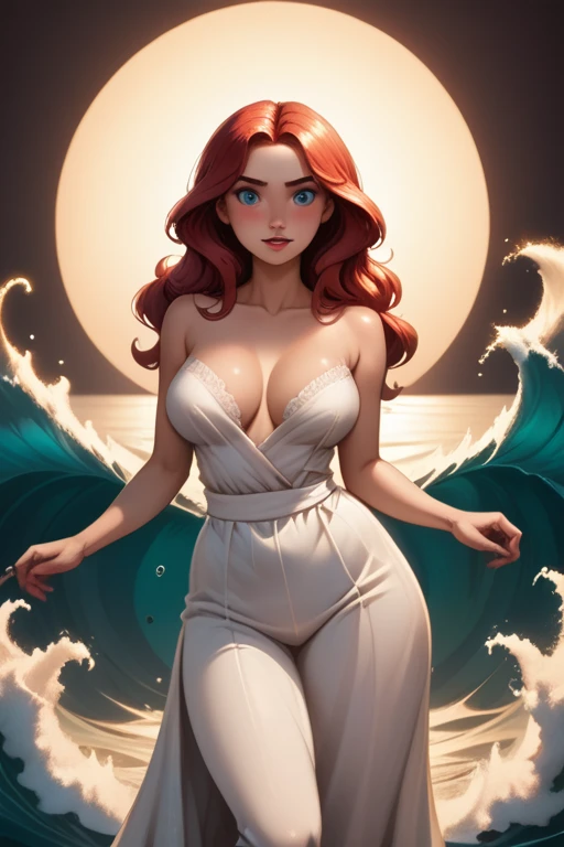 tall woman(Long red hair worn in loose waves; blue eyes; ?????????????; pale skin; blushing); college girl; Disney-style cgi, casual attire; in a lounge room; dim incandescent lighting; best quality; trending on artstation; complex volumetric lighting; strong shadows; artistic lighting; dynamic; energetic vibe; realistic skin; specular highlights; micro-textures; finely detailed hair