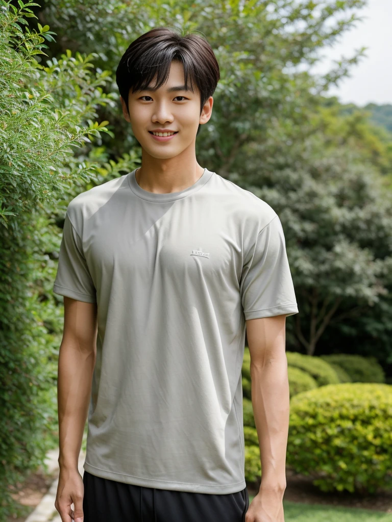 独奏: 1.5, (As a matter of fact, Masterpiece, 8k HD, good light quality, sportswear, fit the face, complicated details), A handsome, muscular young Korean man. , 20 years old, be happy, smile brightly, detailed face, delicate eyes, มองดูsky, Wearing a tight gray t-shirt:1.6, period, black eyes, Black hair color, ผมsmooth, smooth, outdoor sports, Along the garden, Sunny,sky,Surreal,Awesome details,Highest quality,real,Open your mouth to talk. , Close your eyes., field ,Run towards the camera.