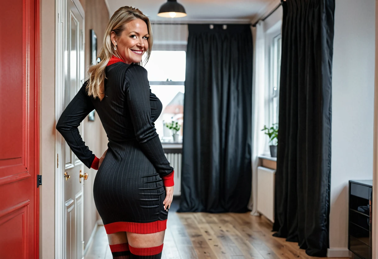 40 REALISTIC PHOTO, A beautiful sweden woman 38 year old big ass, stands tall in a wearing socks very sensual mini dress red and black that accentuates her curves. Your big, confident smile, she is inside your house