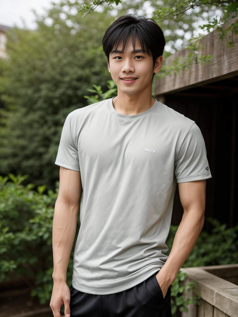 独奏: 1.5, (As a matter of fact, Masterpiece, 8k HD, good light quality, sportswear, fit the face, complicated details), A handsome, muscular young Korean man. , 20 years old, be happy, smile brightly, detailed face, delicate eyes, มองดูsky, Wearing a tight gray t-shirt:1.6, period, black eyes, Black hair color, ผมsmooth, smooth, outdoor sports, Along the garden, Sunny,sky，Surreal，Awesome details，Highest quality，real，Open your mouth to talk. , Close your eyes., field ,Run towards the camera.