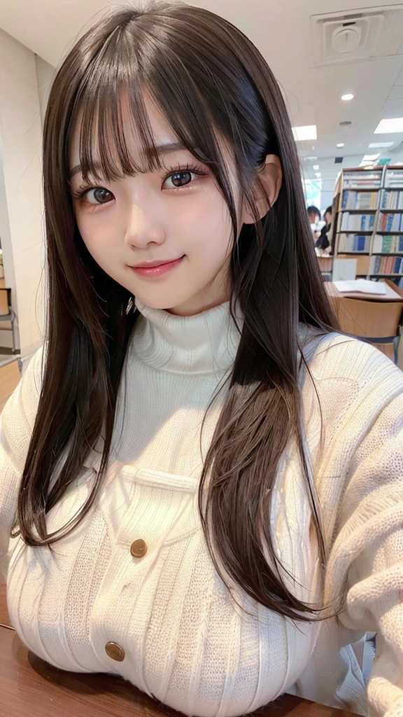 ((Photo of Pretty Japanese girl with super colossal breast)), 18 years old, ((wearing the knit sweater)), ((top-quality, master piece, ultra-definition)), ((high resolution photo:1.2)), kawaii, cute, teens, only one person, Black hair, beautiful hair, Beautiful eyes, ((super gigantic breast:1.3)), cleavage of the breasts, ((breast on the table)), breast rest, big smile, enjoyed, laughing, ultra-detailed face, detailed lips, detailed eyes, double eyelid, look at viewer, in the library
