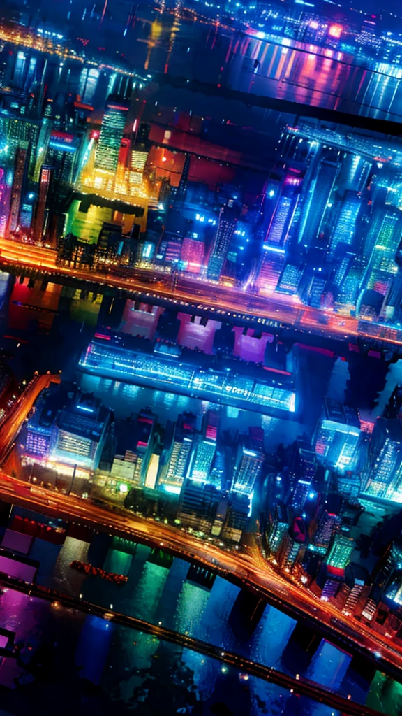Anime Style,Night view,city,rainbow,traffic jam,building,traffic jam light,lots of,
