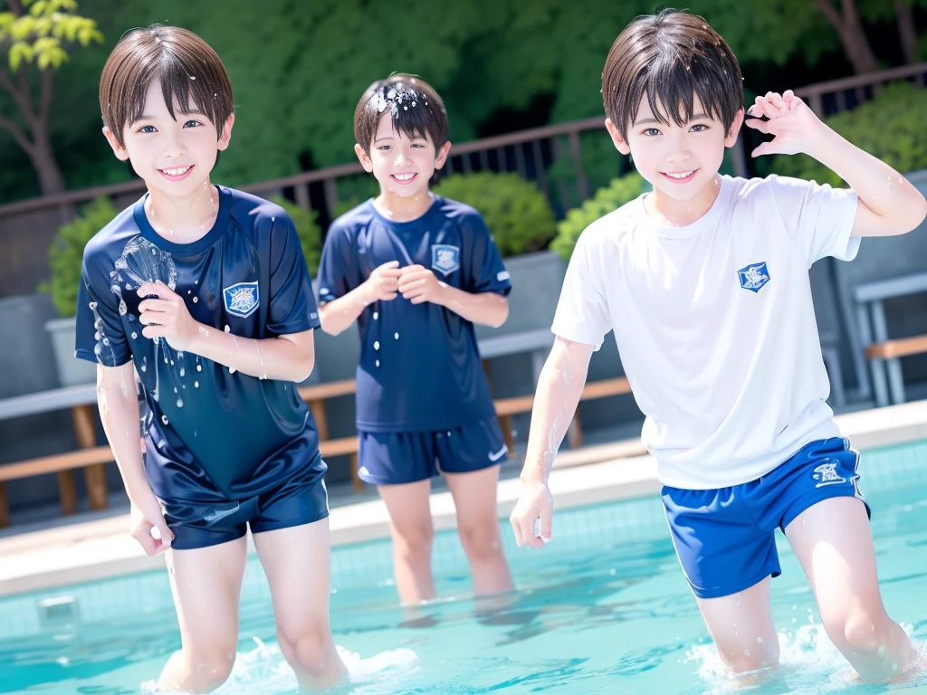 Summer vacation elementary school、Summer swimming pool、Get wet all over、Japan Boy、Glowing water splashes、A good boy dripping with water、Playing innocently、hot day、Two Boys、Various poses、Short sleeve gym uniform、Blue shorts、physical education、barefoot，Boys only 、１０age