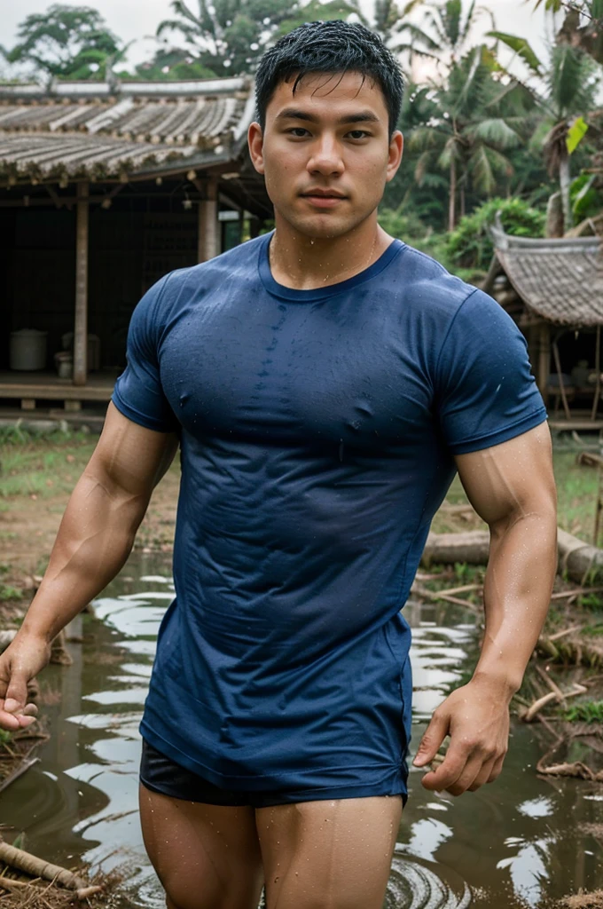 独奏 , 1 person , Image of a handsome Asian rugby player, short hair, no beard, muscular, big muscles, wearing a navy blue round neck t-shirt, wet, outdoors, rice field, countryside, hut, Thailand, Laos, Burma, Asia.