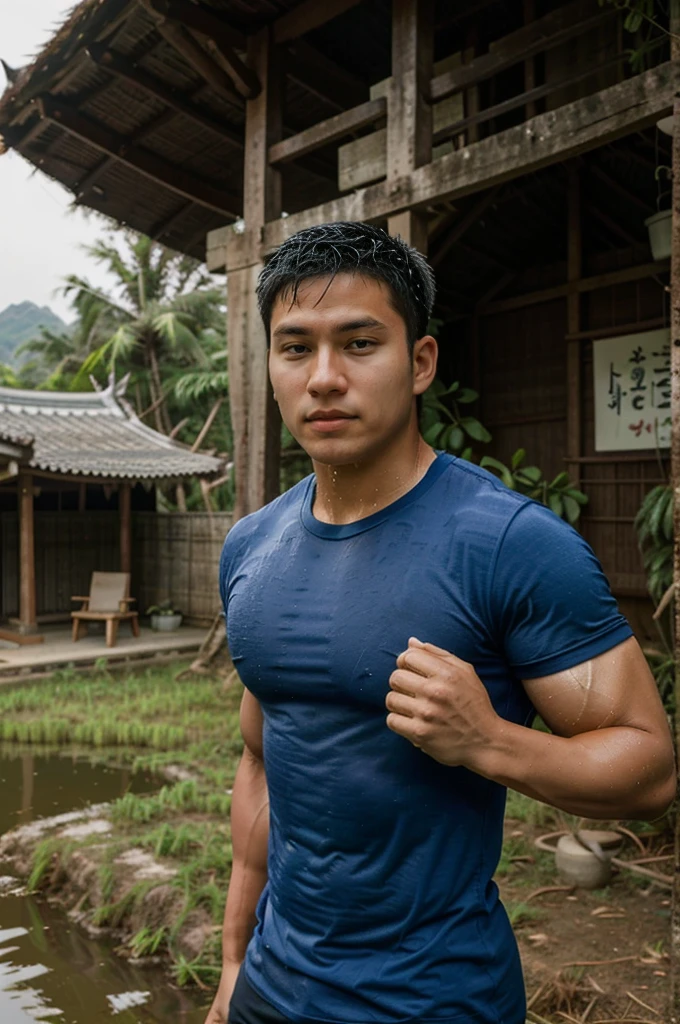 独奏 , 1 person , Image of a handsome Asian rugby player, short hair, no beard, muscular, big muscles, wearing a navy blue round neck t-shirt, wet, outdoors, rice field, countryside, hut, Thailand, Laos, Burma, Asia.