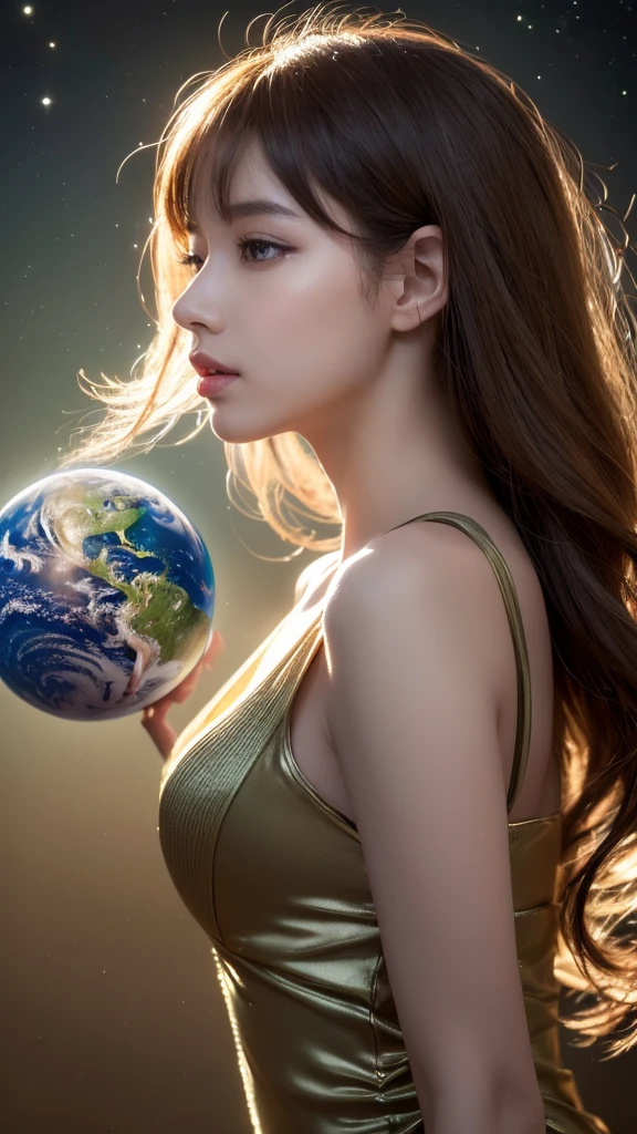 (In 8K, Highest quality, Tabletop, Ultra-high resolution, High quality face:1.5), (Lots of details), (Android in the form of a girl:1.3),(Realistic:1.4), (From the side:1.6), (Very white skin, Clear skin, Glowing Skin:1.4), Pin Spot Light, (The eyes are connected to the universe through high-performance lens eyes. Long eyelashes:1.5), Kiss the Earth Gentlely, Shiny, wig hair, Duck mouth, Gloss Lip, de luz, cute, fresh, ((Wear an earth-colored dress)), Earth water dripping, Scattered and Shining, Celluloid Blue, Luminous Spiral, mist, Lighting by world-class AI creators, dream-like, Digital Art, universe space, no gravity, Swaying, Light and deep texture