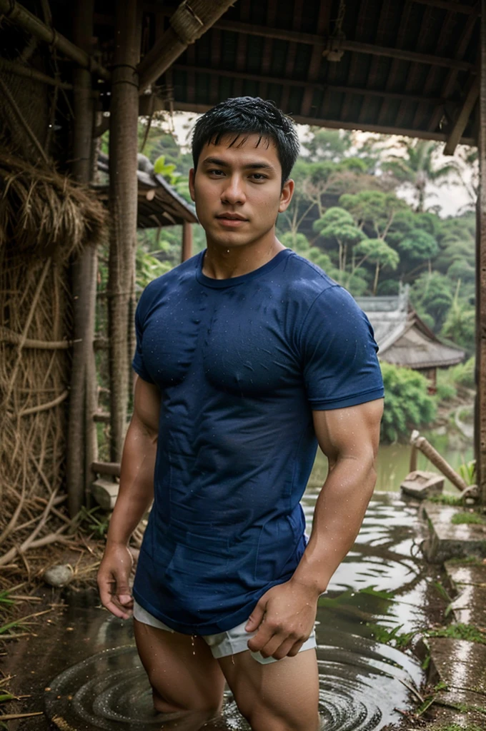 独奏 , 1 person , Image of a handsome Asian rugby player, short hair, no beard, muscular, big muscles, wearing a navy blue round neck t-shirt, wet, outdoors, rice field, countryside, hut, Thailand, Laos, Burma, Asia.