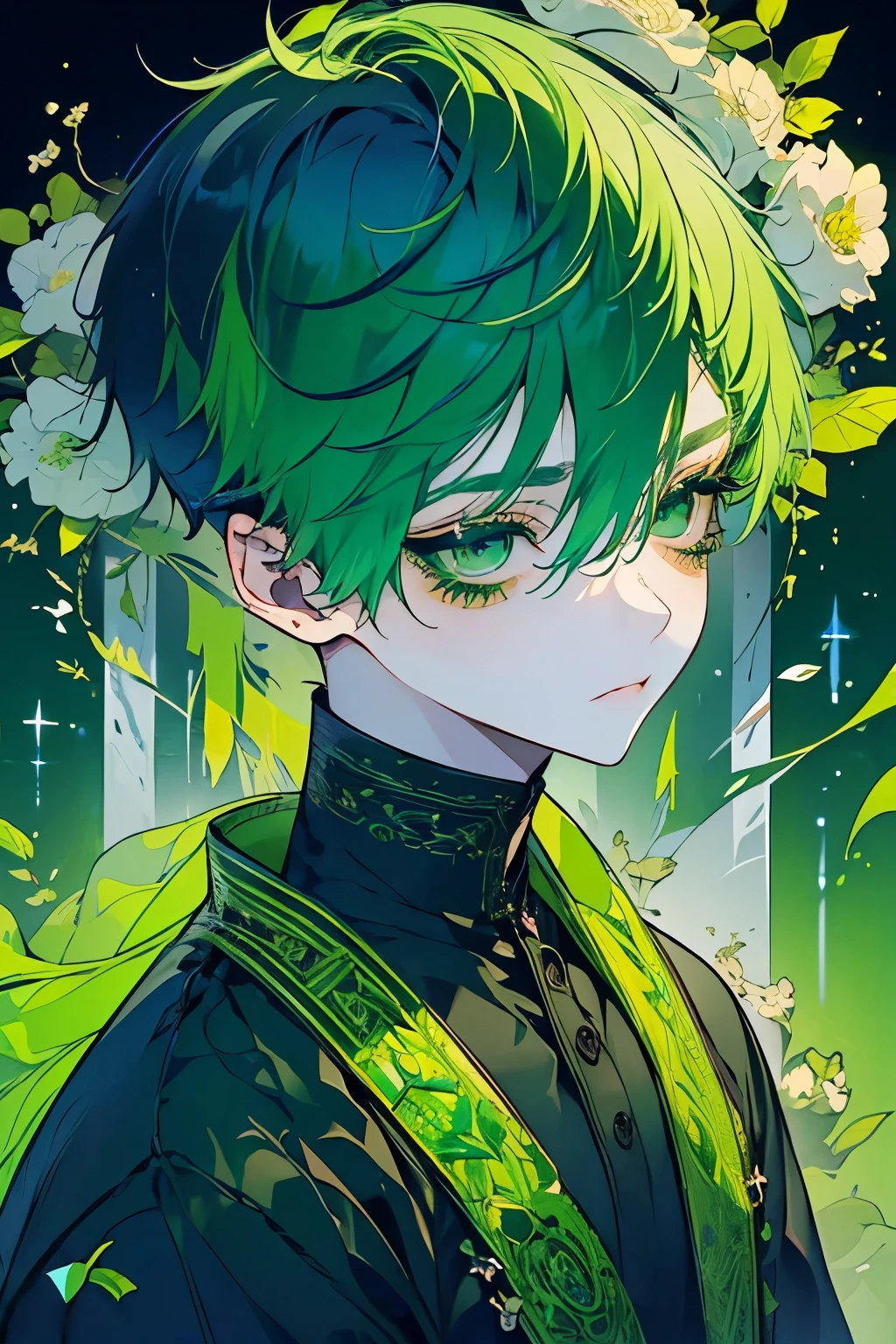 (Mastepiece), (Best Quality), Very detailed, 1 boy, Solo Shooting, Perfect Face, Beautiful Face, Very detailedな顔,(Green Hair:1.3),(short hair:1.4)、(Big eyes:1.4),(Long eyelashes:1.4)、(Green Eyes:1.3)、Black clothes、Lots of flowers、petal