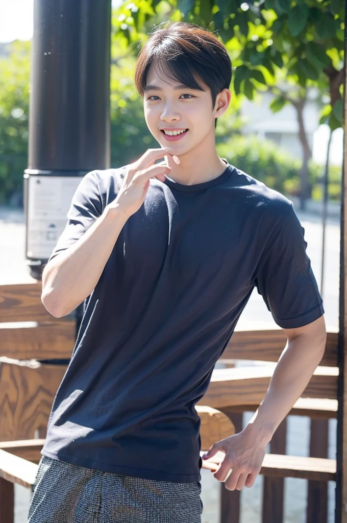 (Create a masterpiece: 1.2),(CGI art:1.3),(realistic:1.5),(After processing:1.3), (Sharp focus:1.3), 1 man, open mouth, smile, (Navy blue round neck shirt), Navy cargo pants, Korean guy , korean men, (High gloss details), chest muscles, large arm muscles, blood vessel, Big muscles, Broad shoulders, looking at the audience, Balancing the eyes, Seaside, beach, sunlight, running towards the camera