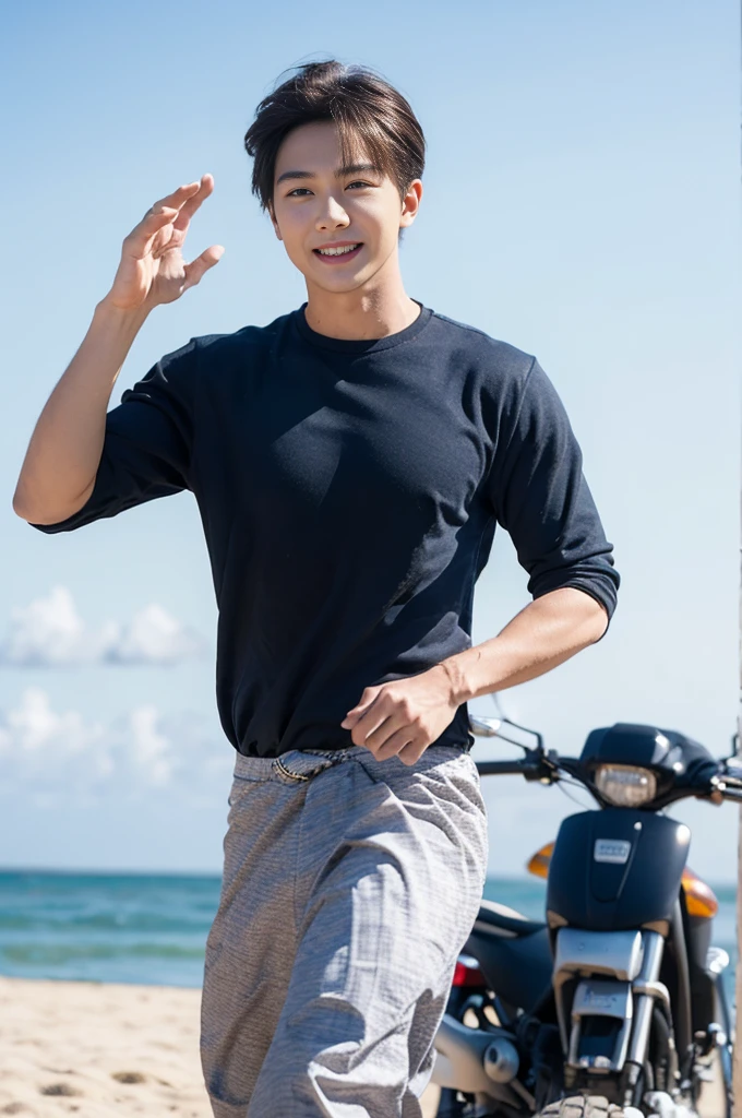 (Create a masterpiece: 1.2),(CGI art:1.3),(realistic:1.5),(After processing:1.3), (Sharp focus:1.3), 1 man, open mouth, smile, (Navy blue round neck shirt), Navy cargo pants, Korean guy , korean men, (High gloss details), chest muscles, large arm muscles, blood vessel, Big muscles, Broad shoulders, looking at the audience, Balancing the eyes, Seaside, beach, sunlight, running towards the camera