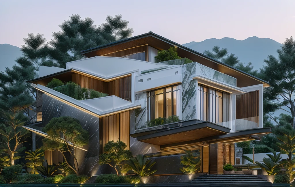 3D render of a beautiful house, Dark, gray tones, white wall. lumion render, night time render, insanely detailed rendering, realistic architecture, architectural visualization. The staircase leading into the house is tiled with black marble and has bright LED lights. Behind are hills and mountains with clear blue sky. The house with a large porch to sit and drink tea and LED lights, there is a large patio with a POOL, pine trees, grass, garden stones, roses, modernism, vivid and detailed, zen garden, lush garden surroundings, residential design, lush landscaping, dense with greenery, pristine and clean design, with a fishpond and courtyard, clean and pristine design. balcony with green plants. The main door is made of black aluminum and glass reaching up to the ceiling. Looking through the glass windows to look inside the house with luxurious interiors with luxurious and warm lights, interior lighting rendering and lighting effects. marble and wood and glass, dark and modern, luxcore render, taken with professional photography techniques, using a wide angle lens with bright natural light and high resolution details, in the style of professional photograph, hyper realistic, highly detailed.