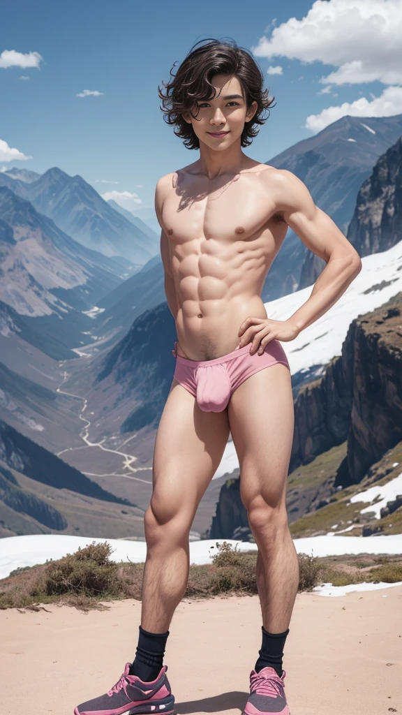 (Cute beautiful fragile short boy Adalgusto), thin arms, flat chest, sexy legs, exposed sexy flat tummy, pink trunks and wool cropped, little dick bulge, thigh socks , mountains background, wavy hair, side view, shaved body, sexy curvy posture, subtle smile