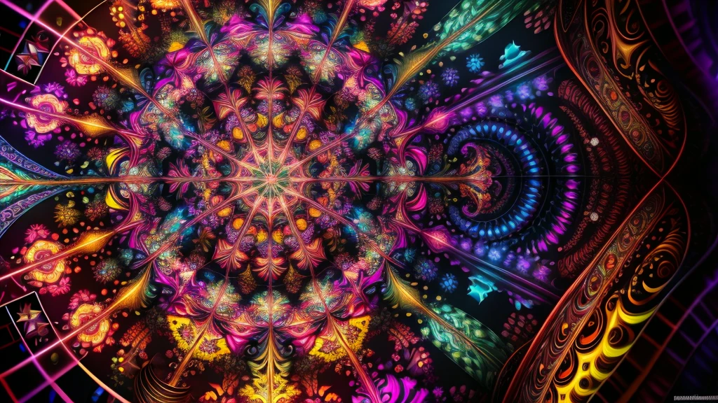 ((kaleidoscope)), ((psychedelic)), (( mandelbrot )), (( fractals)), multicolored dynamic abstract liquid flow particles turbulence vizalise endless ((mandelbrot fractals)) in ((psychedelic patterns)), kaleidoscope, multi - colored vivid colors, vector art, Cinema 4D,render fully dynamic motion design, X-Particles, Dynamics FX, bend and shatter reality for amazing visual effects production,vivid colors, warm color tones,sharp focus, depth of field, cinematic, realistic, uhd, hdr, 8k,