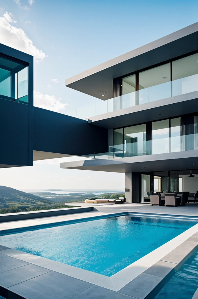 A futuristic and minimalist pool surrounded by the sky