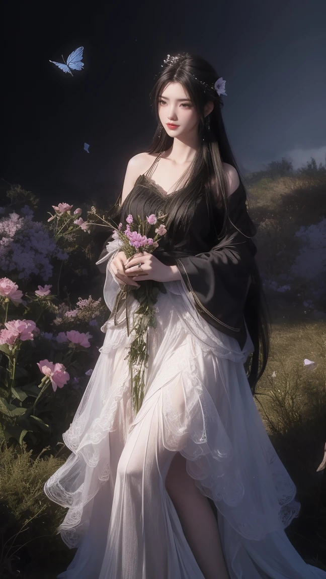 1girl, girl with long black hair, smiling, cheerful, girl is standing among a wide expanse of flowers,girl posing gracefully , surrounded by beautiful flowers, Calm and peaceful atmosphere, night, moonlight , Beautiful glowing butterflies surround the girl lighting up the darkness of the night, magic,Romantic, the night breeze blows the Sepoi Sepoi girl's hair, 