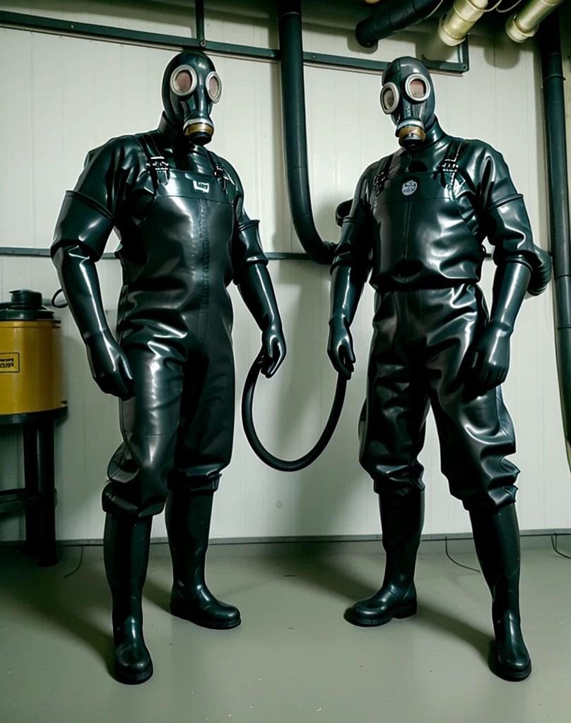 Two men in gas masks with hose, latex bodysuits,wellington boots, elbow length skin tight latex gloves and overalls heavy rubber , ((breathing tube)), factory