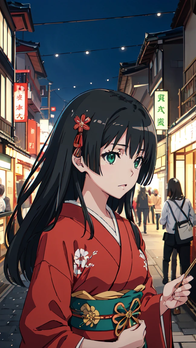  (High resolution:1.4), (masutepiece:1.2), (High quality:1.3) 1girl, saten ruiko, green eyes, long hair, black hair, small breast, Oiran fashion, The city of Kyoto, cinematic lighting,  pov, dynamic angle, 