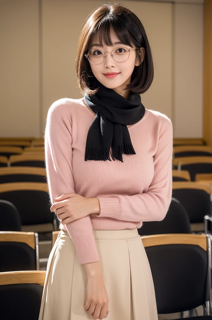 University lecture hall, university psychology associate professor, ((full body)), ((photo)), ((best qualtiy, 8K, tmasterpiece:1.3)), Focus:1.2, perfect figure beautiful woman:1.4, 1woman, cowboy shot, look at viewer, eyes facing the camera, incredibly absurd, beautiful and cute woman with a photorealistic face, showcasing top-quality craftsmanship, A Japanese woman giving a lecture at a university lecture hall, 27 years old, with a bob cut and flipped hair, short bangs swept at an angle, smooth and shiny hair, natural hairline, fair and smooth skin, plump and healthy cheeks, large, jet black eyes, round eyes, long and upward-facing eyelashes, double eyelids, thin and straight eyebrows, small and round nose, plump lips, upturned corners of the mouth, charming smile, cute face, glamorous, well-balanced proportions, tall, beautiful D-cup breasts, silver-rimmed glasses, pink blouse, black tight skirt, fashion with a waist-marked silhouette, scarf, heeled shoes, vanilla perfume, beautiful, pretty older woman, glasses suit her, knowledgeable, playful, curious, intelligent, elegant, November