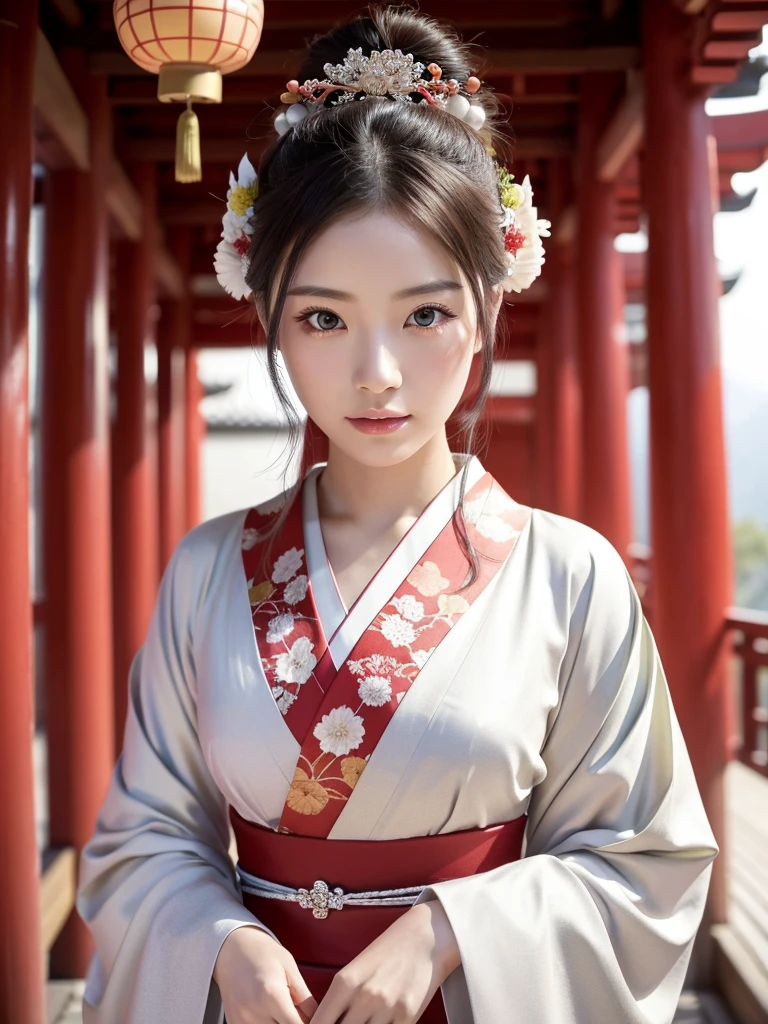 A beautiful Japanese shrine maiden with long silver hair, striking eyes, long eyelashes, flawless pale skin, vibrant lips, , wearing a stylish red and white kimono with ornaments, standing in an ancient temple, (best quality,8k,highres,masterpiece:1.2),ultra-detailed,(realistic,photorealistic,photo-realistic:1.37),intricate details,dramatic lighting,ethereal,elegant,serene,vibrant colors,glowing skin,delicate features