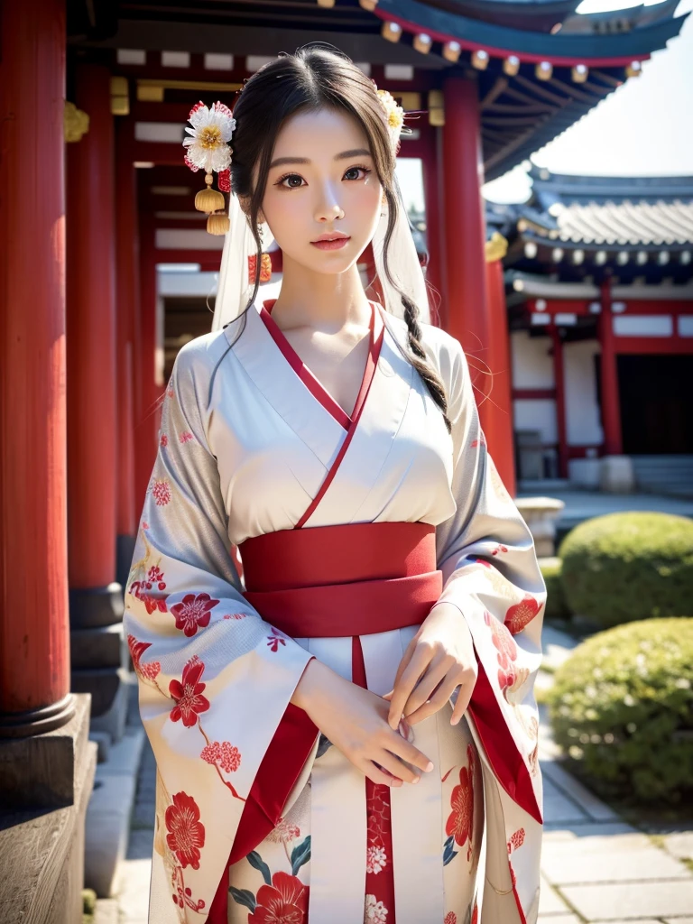 A beautiful Japanese shrine maiden with long silver hair, striking eyes, long eyelashes, flawless pale skin, vibrant lips, , wearing a stylish red and white kimono with ornaments, standing in an ancient temple, (best quality,8k,highres,masterpiece:1.2),ultra-detailed,(realistic,photorealistic,photo-realistic:1.37),intricate details,dramatic lighting,ethereal,elegant,serene,vibrant colors,glowing skin,delicate features