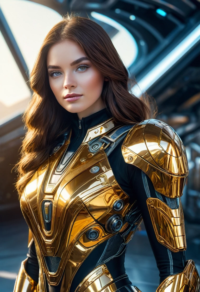 a beautiful 19 yo Arkansas woman with long brown hair, amber eyes, wearing a New Foundland military space battle suit next to gold and chrome futuristic Venusian spacecraft, intricate detailing, HDR, vibrant contrast, 32k resolution, luminism lighting techniques, ultra-realistic digital render, bokeh, mass effect, close up black, beauty, pure perfection, divine presence, unforgettable, impressive, breathtaking beauty, Volumetric light, auras, rays, 8k uhd, dslr, soft lighting, high quality, natural textures 8k masterpiece canon eos r4s 50