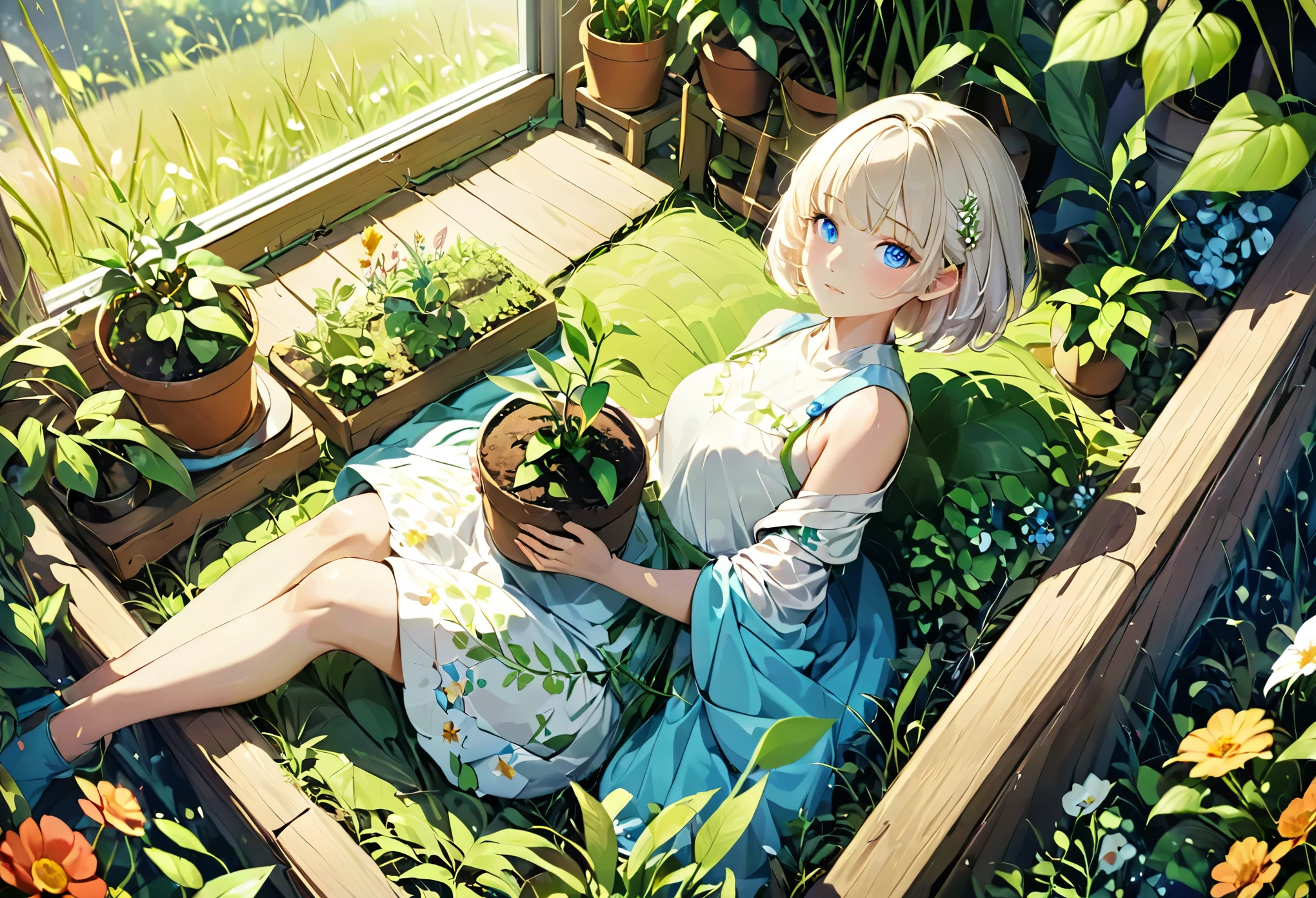 ((Very detailed), Grass, nature, bird, morning, green, splash, emissive, lights), ((Cinematic), Gradation, Warm and soft lighting), ((Ultra-detailed, Beautiful Face, 1 girl), one girl, Very detailed, whole body, cute, Beautiful eyes drawn in detail, short hair, white hair, blonde hair, multicolored hair, blue eyes, ennui, Beautiful Hands, Fluttering Hair, Wrap by hand, Adorable, holding a plant in hand)), 土のついたSmall plantsを手に持っている人, nitrogen-rich soil, permaculture, the source of future growing up, Moe, organic growing up, sustainability, Gently caressing the earth, Embracing the Earth, Plant roots, Horticulture, A Thriving Ecosystem, growing up, Small plants, Environmentally friendly